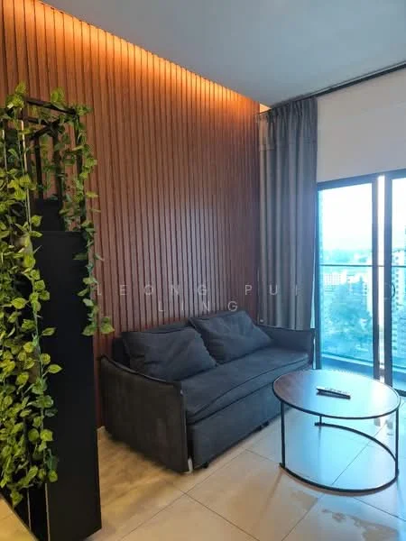 Living features: grey fabric sofa, round coffee table, wood panel accent wall, floor-to-ceiling windows, curtains, decorative indoor plants, tile flooring, recessed lighting; style: modern; view: city.