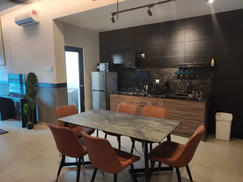 Kitchen features: black tiled backsplash, dark wood cabinetry, grey marble dining table, 4 upholstered dining chairs in orange, stainless-steel fridge, built-in oven, stainless-steel sink, chrome pull-down faucet, black countertop, kitchen hood, wall-mounted storage rack, recessed downlights, floor tiles in light beige; style: modern.