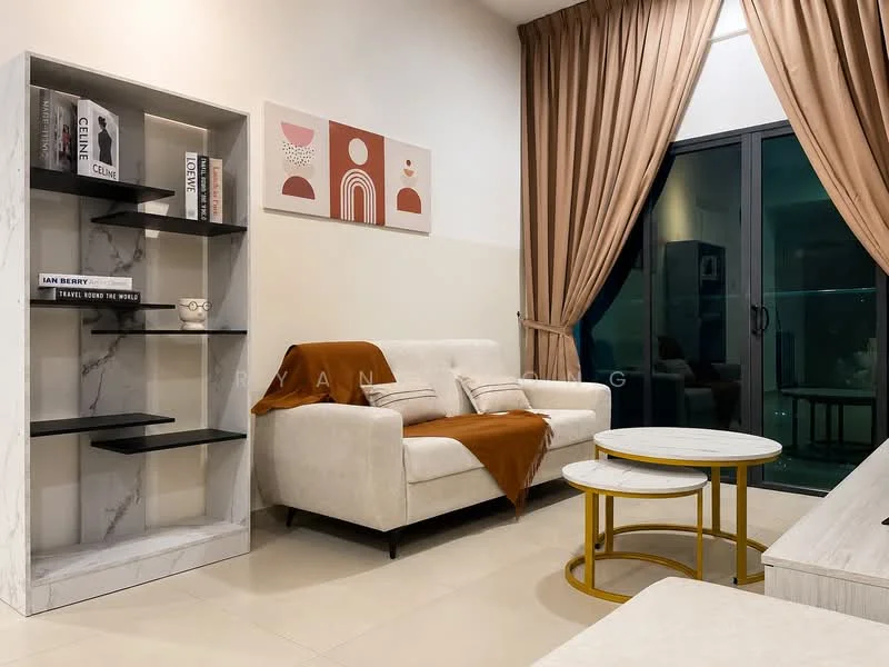 Living features: cream fabric 3-seater sofa, orange throw blanket, white marble coffee table with gold legs, round coffee table, black open shelving unit with marble backing, decorative books on shelves, framed artwork on wall, floor-to-ceiling glass sliding door, curtains in beige, neutral tiled flooring; style: modern; view: city.