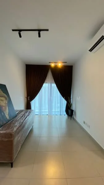 Living features: white painted walls, tile flooring, recessed downlights, 2-blade ceiling fan, floor-to-ceiling windows, sheer curtains, dark brown curtains, sofa covered in plastic wrap, black chair; style: modern.