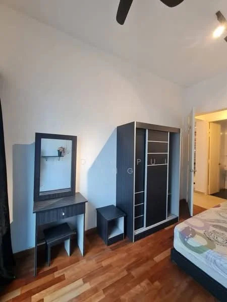 Bedroom features: wooden flooring, white painted walls, ceiling fan, queen-size bed, upholstered headboard, built-in wardrobe with sliding doors, vanity table with mirror, nightstand; style: modern.