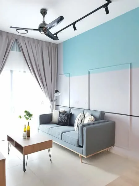 Living features: 3-seater fabric sofa in grey, wooden coffee table, 5-blade ceiling fan with light, floor-to-ceiling windows, sheer curtains, accent wall with blue and pink colors, decorative throw pillows, houseplants in ceramic pots; style: modern.