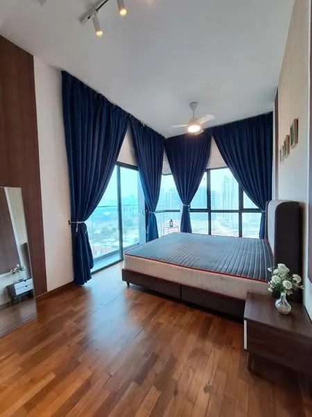 Bedroom features: king-size bed, upholstered headboard, floor-to-ceiling windows, blue curtains, wooden flooring, ceiling fan, decorative mirror, nightstand, decorative vase with flowers; style: modern; view: city.