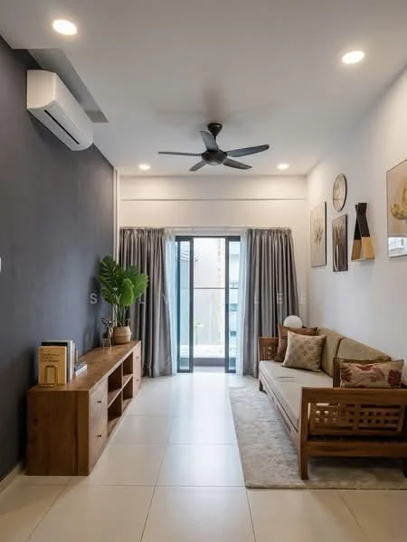 Living features: 3-seater fabric sofa in beige, wooden coffee table, TV console with storage, area rug with geometric pattern, floor-to-ceiling sliding glass door, curtains in grey, 5-blade ceiling fan with light, wall-mounted air conditioning unit, decorative wall art, indoor plant in ceramic pot, light-colored tiled flooring, accent wall in dark grey; style: modern.