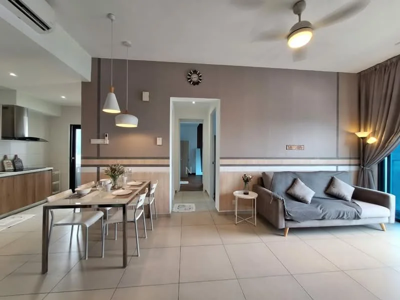 Living features: grey fabric sofa, 3-seater sofa, dining table for 4, pendant lighting above dining table, ceiling fan with light, wall-mounted clock, curtains, tile flooring, neutral painted walls, decorative wall paneling, area rug, side table; style: modern. Room features: doorway leading to hallway, open layout, light from windows.