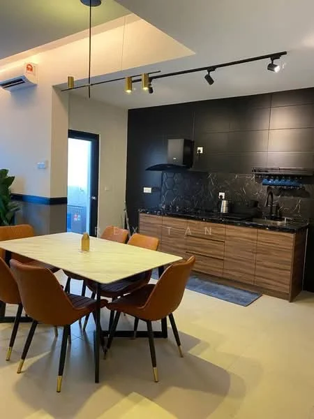 Dining features: 6-seater dining table, wooden tabletop, upholstered dining chairs in orange, black metal legs on chairs, pendant lighting above table, recessed ceiling lights, wall-mounted air conditioning unit, green indoor plant, cream painted walls, black tiled backsplash, dark wood cabinetry, stainless-steel sink, built-in stove, black countertop; style: modern. Kitchen features: dark wood cabinetry, black countertop, stainless-steel sink, built-in stove, black tiled backsplash; style: modern.