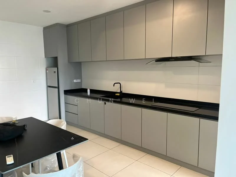 Kitchen features: grey flat-panel cabinets, black countertop, single-bowl stainless-steel sink, chrome pull-down faucet, built-in oven, freestanding fridge, ceramic tile flooring, white painted walls, recessed downlights; style: modern.