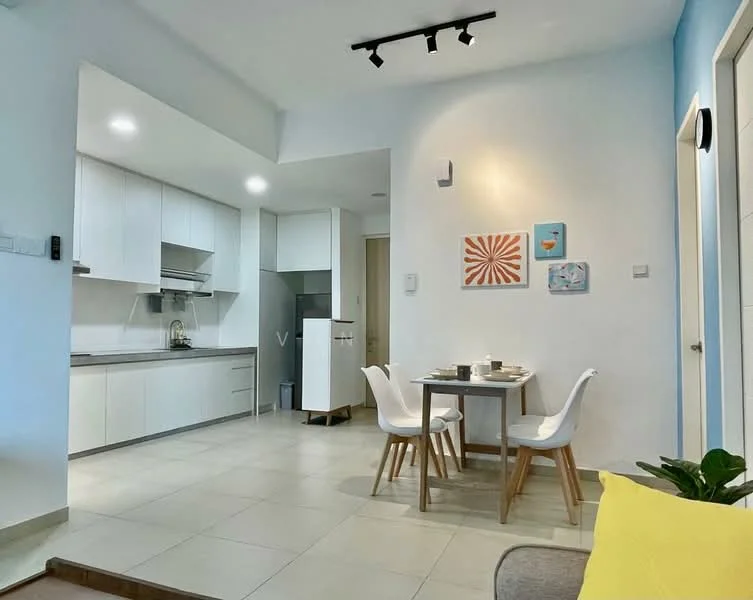 Kitchen features: white cabinetry, stainless-steel sink, chrome pull-down faucet, built-in oven, freestanding range oven, ceramic tile flooring, recessed LED downlights, white walls, kitchen island, dining table with four chairs, decorative wall art; style: modern.