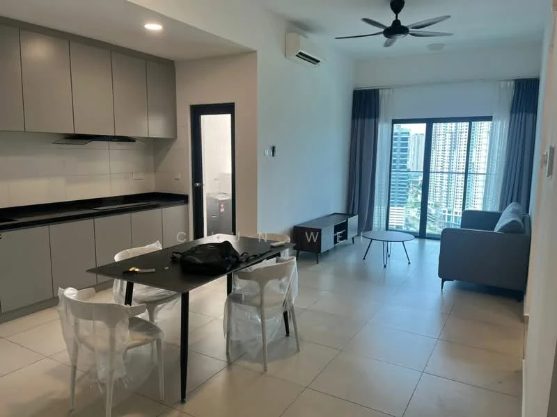 Kitchen features: grey flat-panel cabinets, black countertop, stainless-steel sink, built-in stove, exhaust hood; style: modern. Living features: 3-seater fabric sofa in grey, coffee table, TV console, floor-to-ceiling windows, white walls, ceiling fan, dining table with 4 chairs; style: modern; view: city.