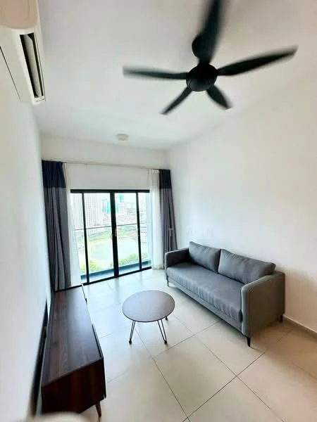 Living features: 3-seater fabric sofa in grey, round coffee table, floor-to-ceiling windows, sliding glass door, curtains in blue and white, wall-mounted split AC, light-colored tile flooring, white painted walls, ceiling fan with 5 blades; style: modern; view: garden.