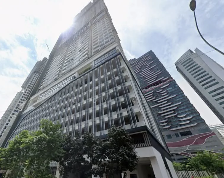 Exterior type: high-rise condominium; features: glass curtain wall, white painted facade, recessed balconies, vertical fins, approximately 30-storey high-rise, surrounded by mature greenery; style: modern.