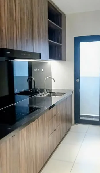 Kitchen features: black granite countertop, wood cabinetry with a natural finish, built-in oven, stainless-steel sink, chrome pull-down faucet, black glass cooktop, open shelving, tile flooring, recessed downlights, sliding glass door, white walls; style: modern.