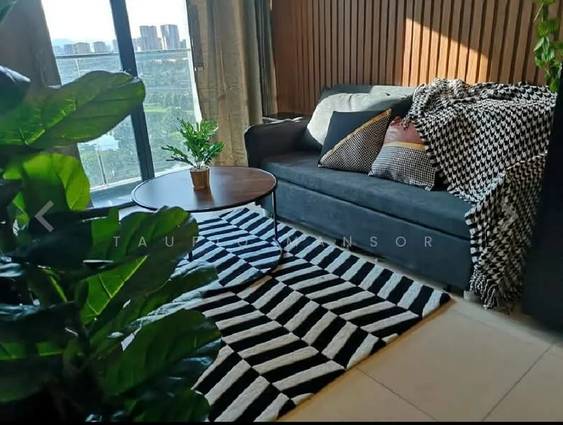 Living features: grey fabric sofa, black and white patterned throw blanket, round coffee table, black and white striped area rug, floor-to-ceiling windows, curtains, indoor plant, wood paneling on wall; style: modern; view: city.