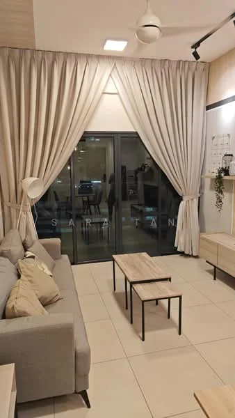 Living features: 3-seater fabric sofa in light grey, 2 coffee tables with wooden tops and black metal legs, floor-to-ceiling sliding glass door, sheer curtains in light beige, recessed ceiling lights, ceiling fan, wall-mounted shelf, decorative plant on shelf, tiled flooring in light color, wall-mounted decor, neutral color palette; style: modern.
