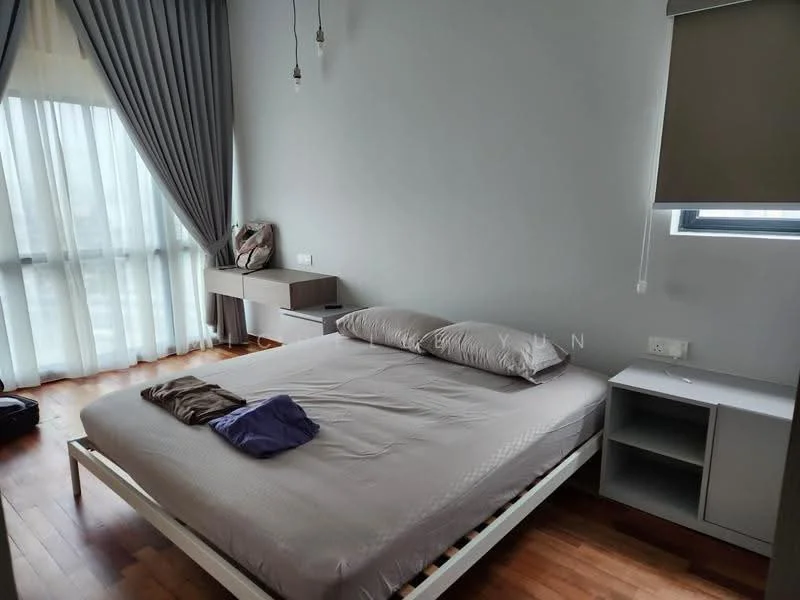 Bedroom features: queen-size bed with grey bedding, wooden flooring, floor-to-ceiling windows with sheer curtains, grey painted walls, built-in wardrobe, nightstand, hanging pendant lights; style: modern; view: city.