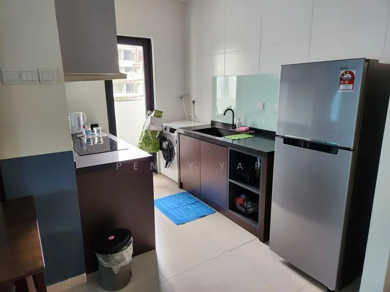 Kitchen features: single-bowl stainless-steel sink, chrome pull-down faucet, black cabinetry, white countertop, built-in washing machine, stainless-steel fridge, ceramic tile flooring, white tiled backsplash, kitchen island with seating, wall-mounted range hood, window with view, blue mat on floor, garbage bin; style: modern.