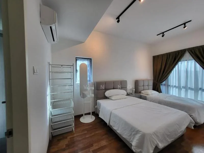 Bedroom features: two single beds with white bedding, upholstered headboard, wooden flooring, floor-to-ceiling windows with sheer curtains, dark brown curtains, 1 wall-mounted split AC, track lighting, white walls, white bedside lamp, metal shelving unit; style: modern.