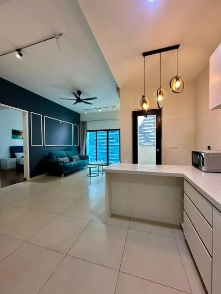 Kitchen features: white cabinetry, marble countertop, stainless-steel microwave, pendant lighting, open layout, tile flooring, kitchen island, recessed downlights; style: modern; view: city. Living features: 3-seater fabric sofa in teal, coffee table, floor-to-ceiling windows, curtains, ceiling fan, decorative wall art; style: modern; view: city.