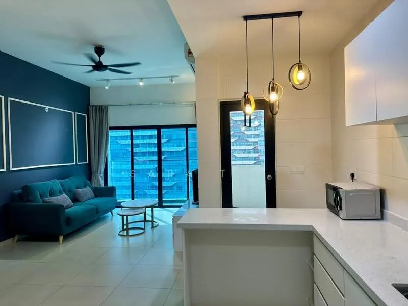 Living features: 3-seater fabric sofa in teal, coffee table, floor-to-ceiling windows, black sliding door, ceiling fan with light, recessed downlights, white walls, light-colored tiled flooring; style: modern; view: city. Kitchen features: white cabinetry, white quartz countertop, microwave, pendant lighting, open layout; style: modern.