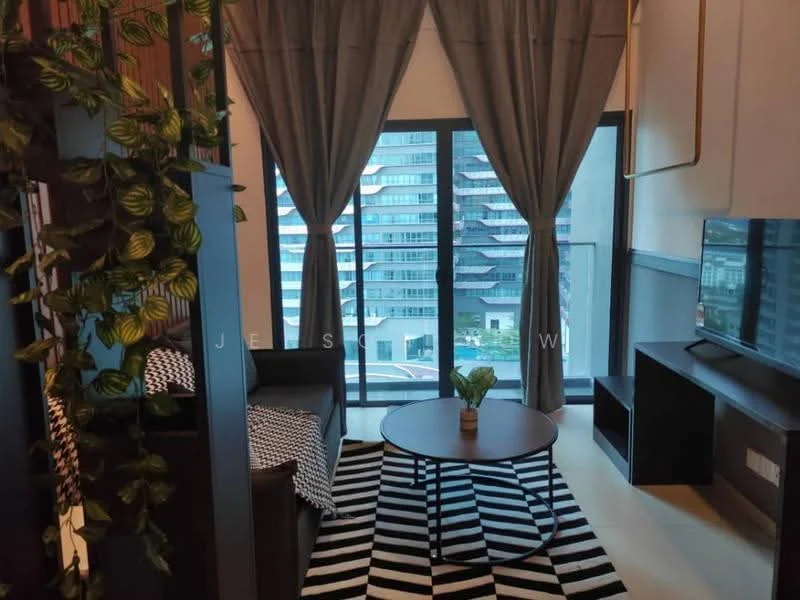 Living features: floor-to-ceiling windows, grey curtains, black and white striped area rug, round coffee table, black TV console, wall-mounted TV, sofa in dark fabric, decorative plant, black and white throw blanket; style: modern; view: city.