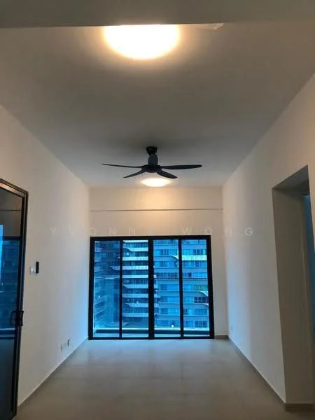 Room features: white painted walls, ceiling fan, large floor-to-ceiling windows, neutral tile flooring, recessed ceiling light; style: modern; view: city.