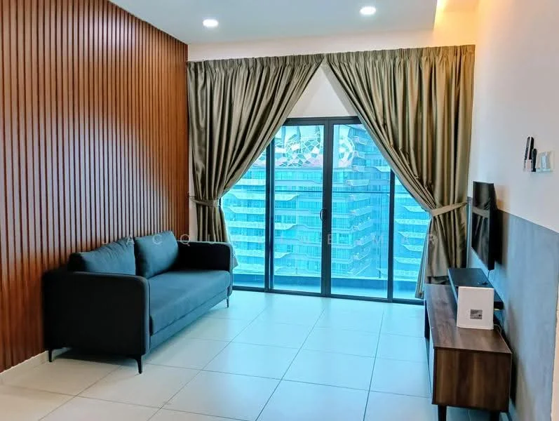 Living features: grey fabric sofa, floor-to-ceiling windows, sheer curtains, blackout curtains, wood panel accent wall, white painted walls, recessed downlights, TV console, wall-mounted TV, ceramic tile flooring; style: modern; view: city.