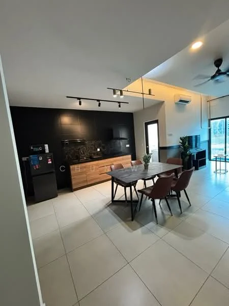 Dining features: dining table with 6 chairs, black metal legs on dining table, wooden tabletop on dining table, ceiling fan with light, recessed LED downlights, black accent wall, kitchen cabinetry with wood finish, black backsplash, stainless-steel refrigerator, built-in kitchen appliances, open layout, large windows for natural light, tile flooring in light color; style: modern; view: garden.