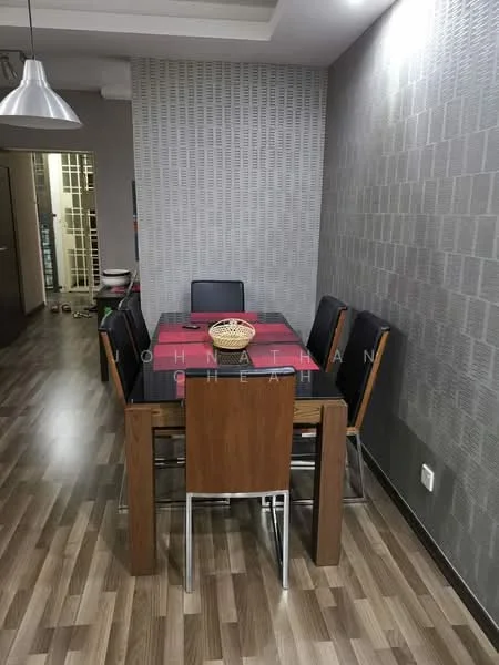 Dining features: rectangular dining table with black glass top, 6 wooden dining chairs with black upholstery, decorative bowl on table, grey patterned wallpaper, wooden flooring, recessed ceiling lights, pendant light above table, wall-mounted electrical outlet; style: modern.
