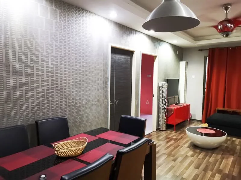 Living features: dark wood flooring, grey patterned accent wall, recessed downlights, pendant light fixture, sofa in black fabric, coffee table with round white top, TV console in red, wall-mounted TV, dining table with black and red tablecloth, woven basket on dining table, curtains in red, sliding door to outside; style: modern.