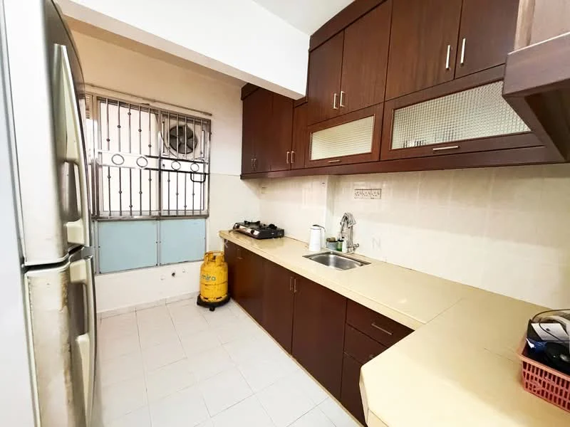 Kitchen features: brown wooden cabinetry, cream countertop, stainless-steel sink, chrome faucet, built-in gas stove, refrigerator, white tiled backsplash, white tiled flooring, window with security bars, exhaust fan, yellow gas cylinder; style: modern.