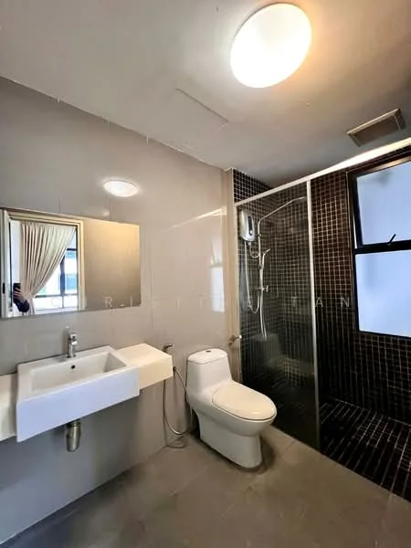 Bathroom features: single-sink vanity with wall-mounted basin, chrome basin mixer faucet, framed mirror, one-piece toilet, walk-in shower with glass enclosure, rain shower head, black tiled wall, grey tile flooring, recessed ceiling light; style: modern.