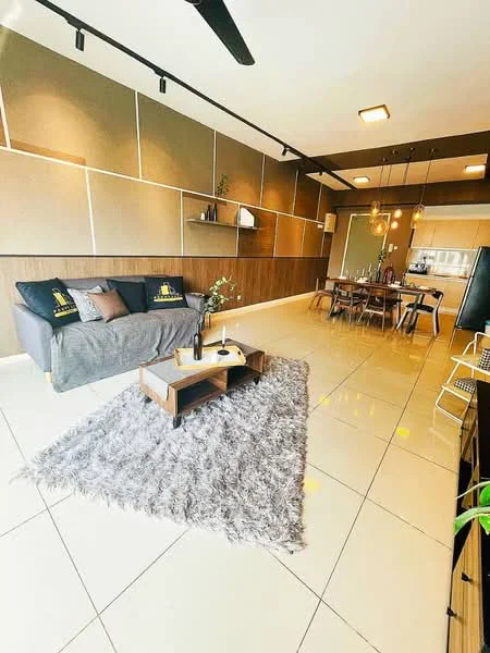 Living features: grey fabric sofa, wood coffee table, area rug with shaggy texture, wall-mounted shelves, pendant lighting, dining table with chairs, open kitchen layout, cream tiled flooring, wood panel accent wall, ceiling fan, decorative plant; style: modern.