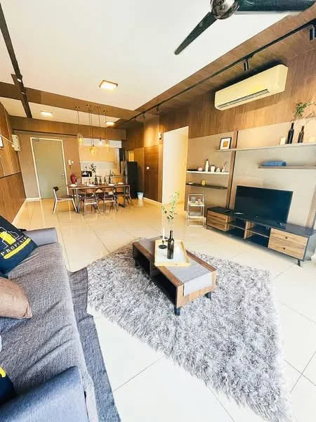 Living features: 3-seater fabric sofa in grey, coffee table with wooden top, area rug with shaggy texture, wall-mounted TV, TV console with storage, ceiling fan, recessed downlights, decorative wall shelves, wood panel accent wall, air conditioning unit; style: modern. Dining features: 6-seater dining table, wooden dining chairs, pendant lighting above dining table; style: modern. Kitchen features: open-plan kitchen layout, wood cabinetry, stainless-steel appliances, countertop with bar seating; style: modern.