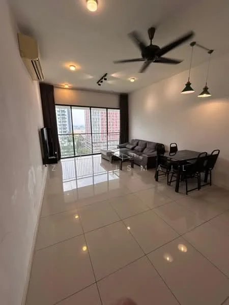 Living features: white painted walls, glossy ceramic tile flooring, 5-blade ceiling fan with light, sofa in grey fabric, coffee table, wall-mounted TV, dining table with black chairs, floor-to-ceiling windows, curtains, recessed downlights; style: modern; view: city.