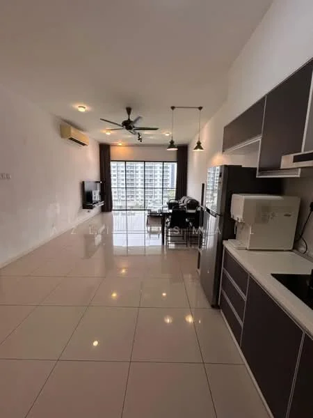 Living features: white painted walls, glossy tile flooring, 5-blade ceiling fan with light, recessed downlights, wall-mounted TV, black TV console, dining table with chairs, floor-to-ceiling windows, sliding glass door, curtains, air conditioning unit; style: modern; view: city.