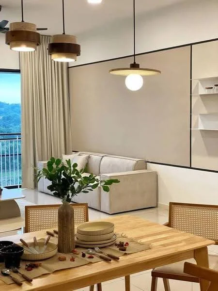 Living features: 3-seater fabric sofa in light beige, wooden dining table, 4 dining chairs with cane backing, decorative vase with greenery, white shelving unit on wall, floor-to-ceiling windows with sheer curtains, pendant light fixture with wooden accents, recessed downlights, cream painted walls, tile flooring; style: modern; view: garden.