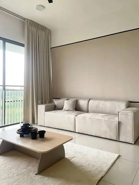 Living features: beige fabric L-shape sectional sofa, light wood coffee table, area rug, floor-to-ceiling windows, sheer curtains, plain beige painted walls, recessed downlights, tile flooring, green view from window; style: modern; view: garden.