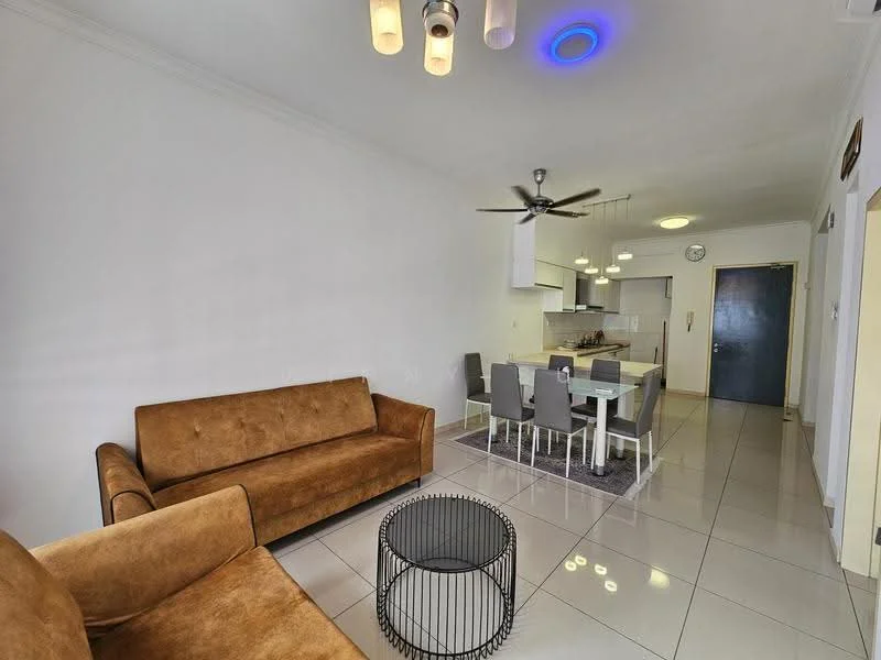 Living features: brown fabric 3-seater sofa, brown fabric 2-seater sofa, black metal coffee table, recessed LED downlights, 5-blade ceiling fan, white painted walls, glossy tile flooring, area rug, open-plan layout to dining and kitchen; style: modern. Dining features: 4-seater dining table, white dining chairs, pendant lighting above dining table, open-plan layout to living area; style: modern. Kitchen features: white cabinetry, stainless-steel appliances, kitchen island, open-plan layout to dining area; style: modern.