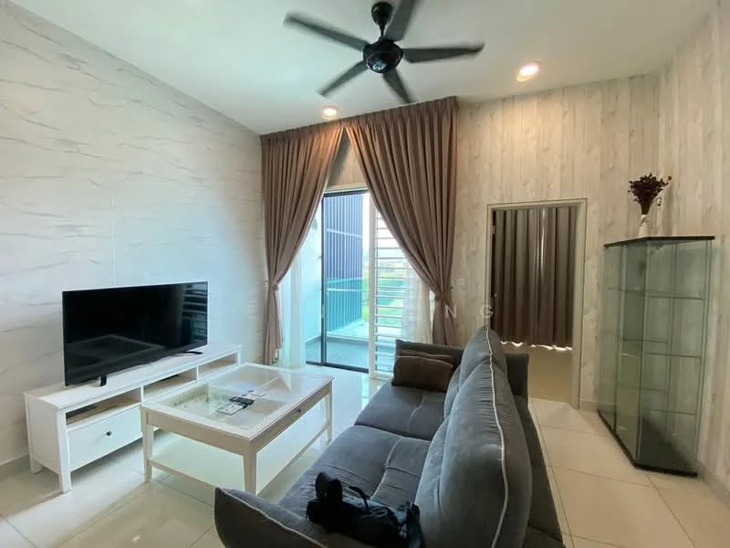 Living features: grey fabric sofa, white coffee table, wall-mounted TV, TV console, floor-to-ceiling windows, sheer curtains, dark brown curtains, light-colored accent wall, glossy tile flooring, ceiling fan with light, decorative vase with flowers, glass display cabinet; style: modern.