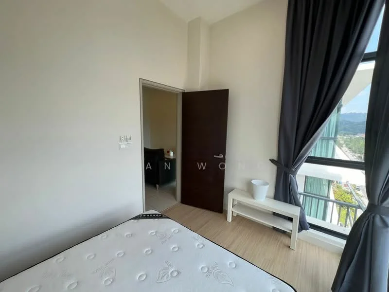 Bedroom features: light wood flooring, white painted walls, floor-to-ceiling windows, blackout curtains, single bed mattress, white bedside table, door leading to another room, mountain view; style: modern; view: mountain.