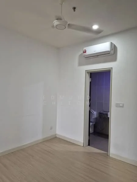 Room features: white painted walls, light wood flooring, 1 wall-mounted split AC, recessed downlights, door leading to bathroom, no visible furniture or decor; style: modern.