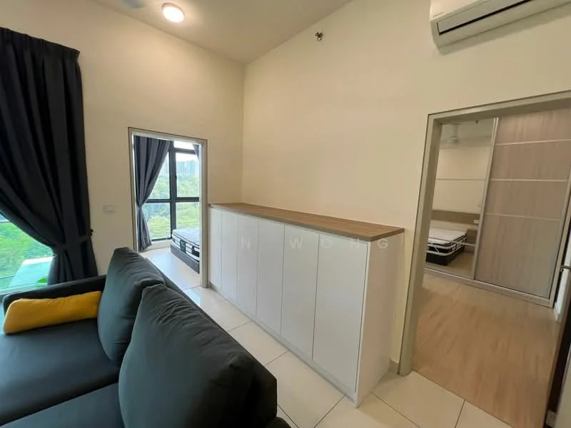 Living features: black fabric sofa with yellow cushion, white cabinetry with wooden countertop, floor-to-ceiling window, black curtains, white tiled flooring, recessed downlights, air conditioning unit on wall; style: modern; view: garden. Room features: wooden flooring, bed visible in adjacent room, white walls.