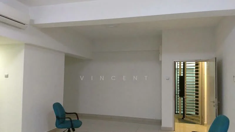 Room features: white painted walls, dropped ceiling, floor tiles, 2 chairs, wall-mounted air conditioning unit, door leading to another room, light fixture on ceiling; style: modern.