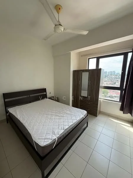 Bedroom features: queen-size bed, white mattress, ceiling fan, floor-to-ceiling window, curtains, built-in wardrobe with mirror, light-colored tiled flooring, plain white walls; style: modern; view: city.