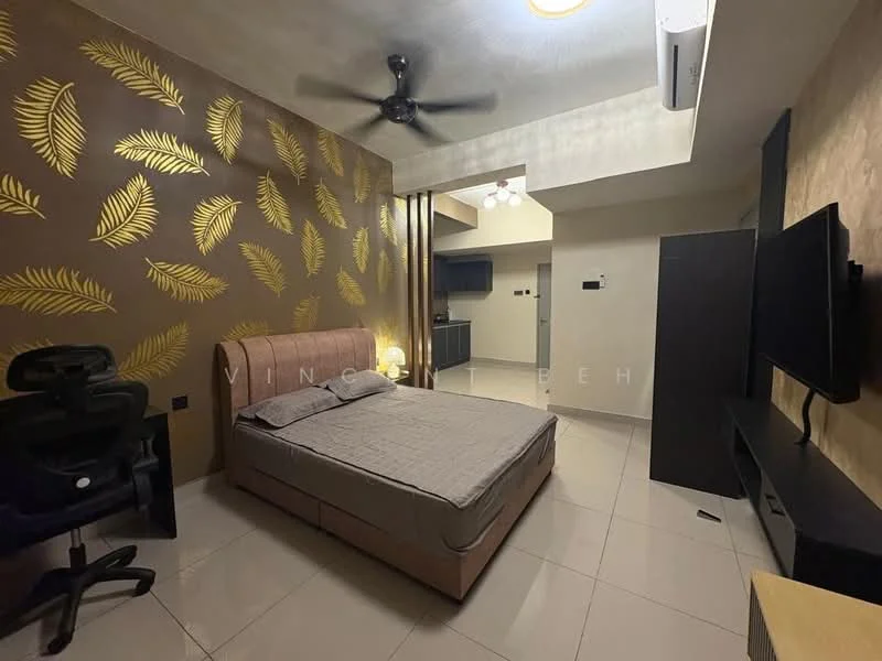 Bedroom features: queen-size bed, upholstered headboard, wall-mounted TV, TV console, black storage cabinet, ceiling fan, recessed downlights, cream tiled flooring, decorative wallpaper with gold leaf pattern, window with blinds, study chair; style: modern.
