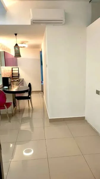 Room features: glossy ceramic tile flooring, white painted walls, recessed downlights, wall-mounted split AC, dining table with chairs, pendant light fixture, open layout, neutral color scheme; style: modern.