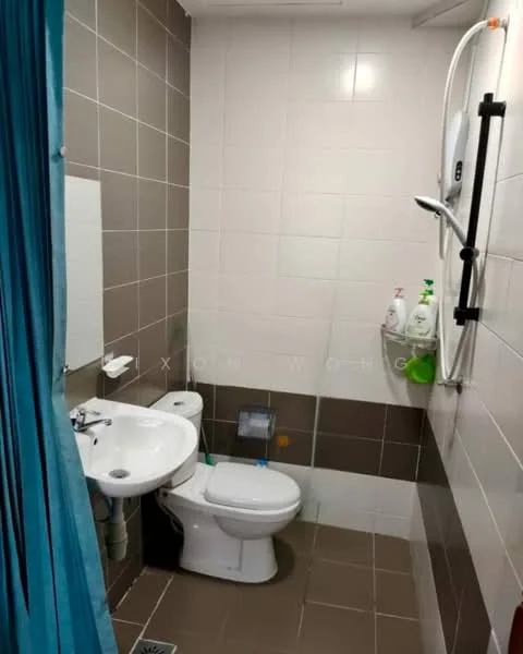 Bathroom features: white tiled walls, brown tiled walls, ceramic tile flooring, shower with glass door, chrome basin mixer faucet, white sink, one-piece toilet, wall-mounted shower heater, mirror above sink, blue shower curtain; style: modern.