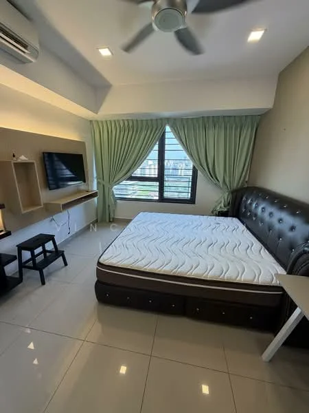 Bedroom features: king-size bed, upholstered headboard, floor-to-ceiling windows, green curtains, wall-mounted TV, floating shelf, white walls, recessed downlights, ceiling fan, tile flooring; style: modern; view: city.