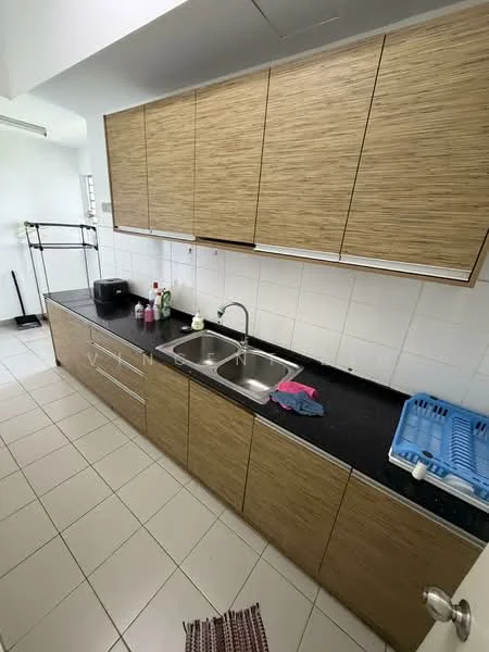 Kitchen features: double-bowl stainless-steel sink, chrome pull-down faucet, black granite countertop, wooden cabinetry with a light wood finish, white tiled backsplash, white tiled flooring, built-in kitchen cabinets, dish drying rack, kitchen utensils, bottle of dish soap, cleaning cloth; style: modern.