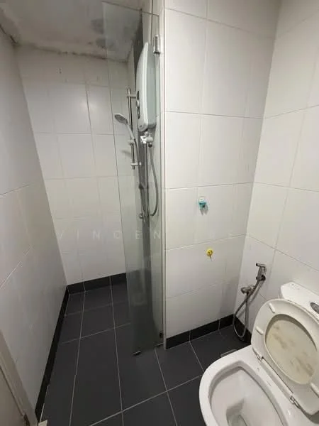 Bathroom features: white tiled walls, black tile flooring, glass shower enclosure, rain shower head, handheld shower, toilet, chrome basin mixer, wall-mounted shower unit; style: modern.